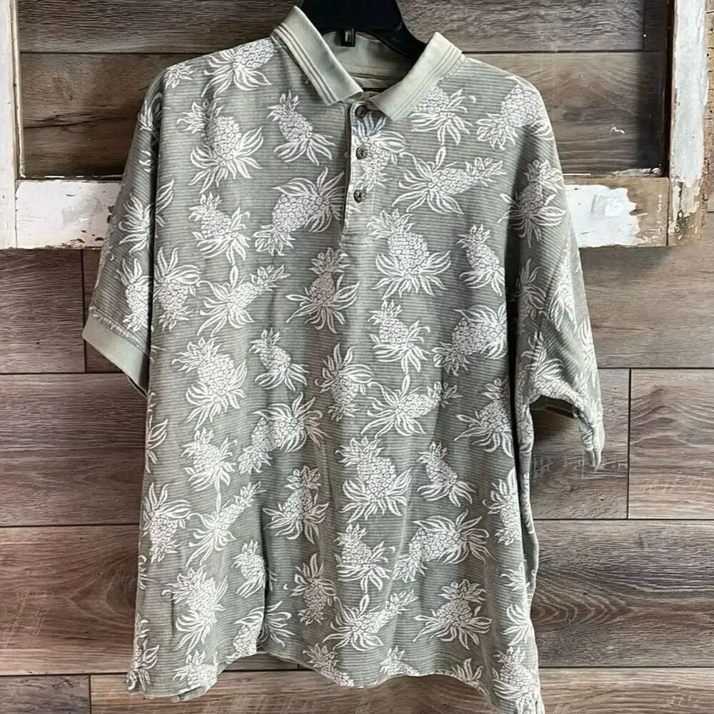 RINGO TROPICAL Mens Polo Pineapple Print Polo Shirt Gray White Vintage Size XL